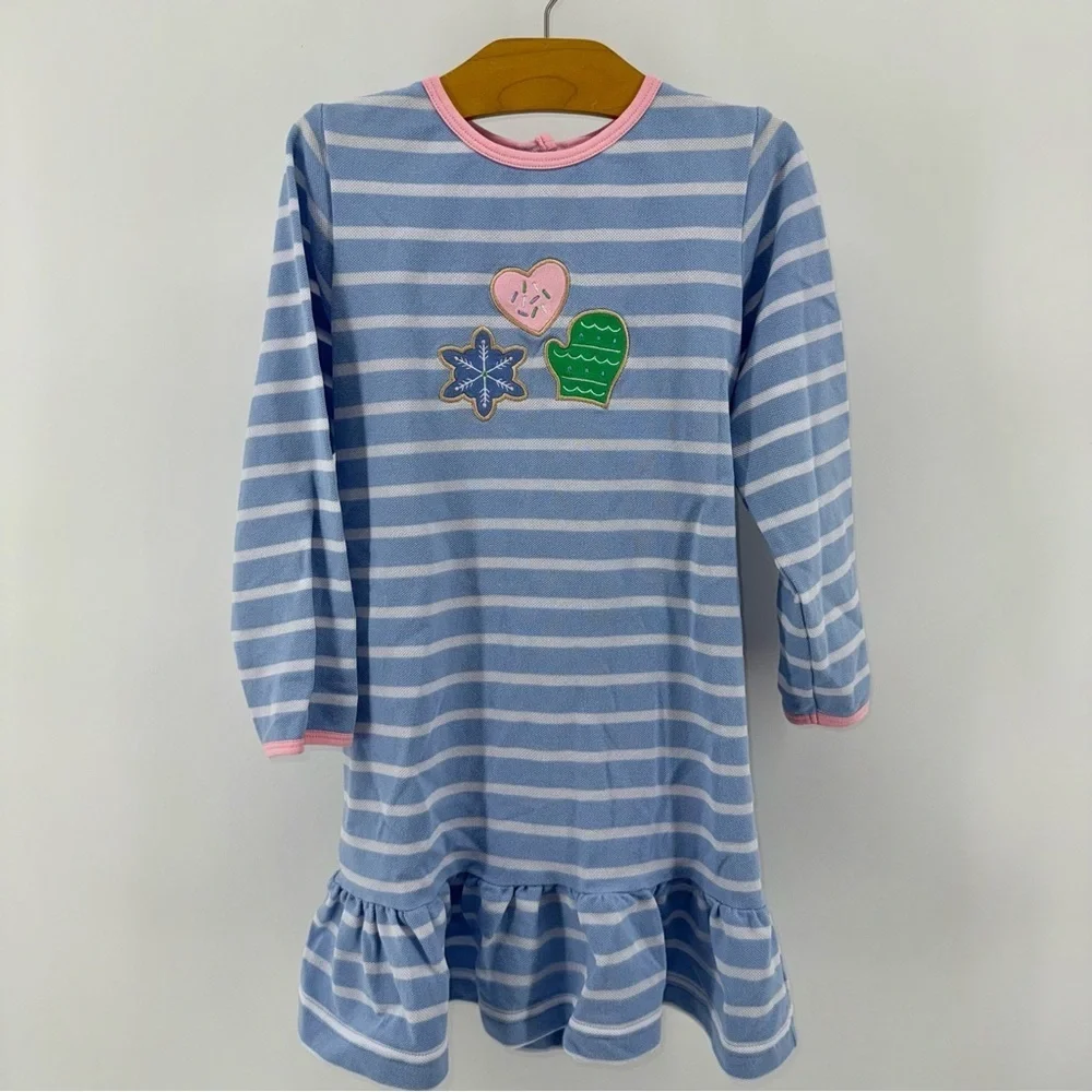 Florence Eiseman Blue and White Striped Holiday Winter Dress with Embroidery